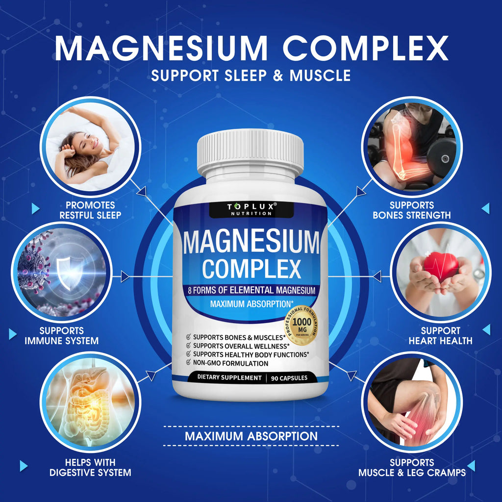 Unlock Your Best Sleep with Toplux Magnesium Complex - 8 Essential Magnesium Forms in One Powerful Capsule (1000mg)