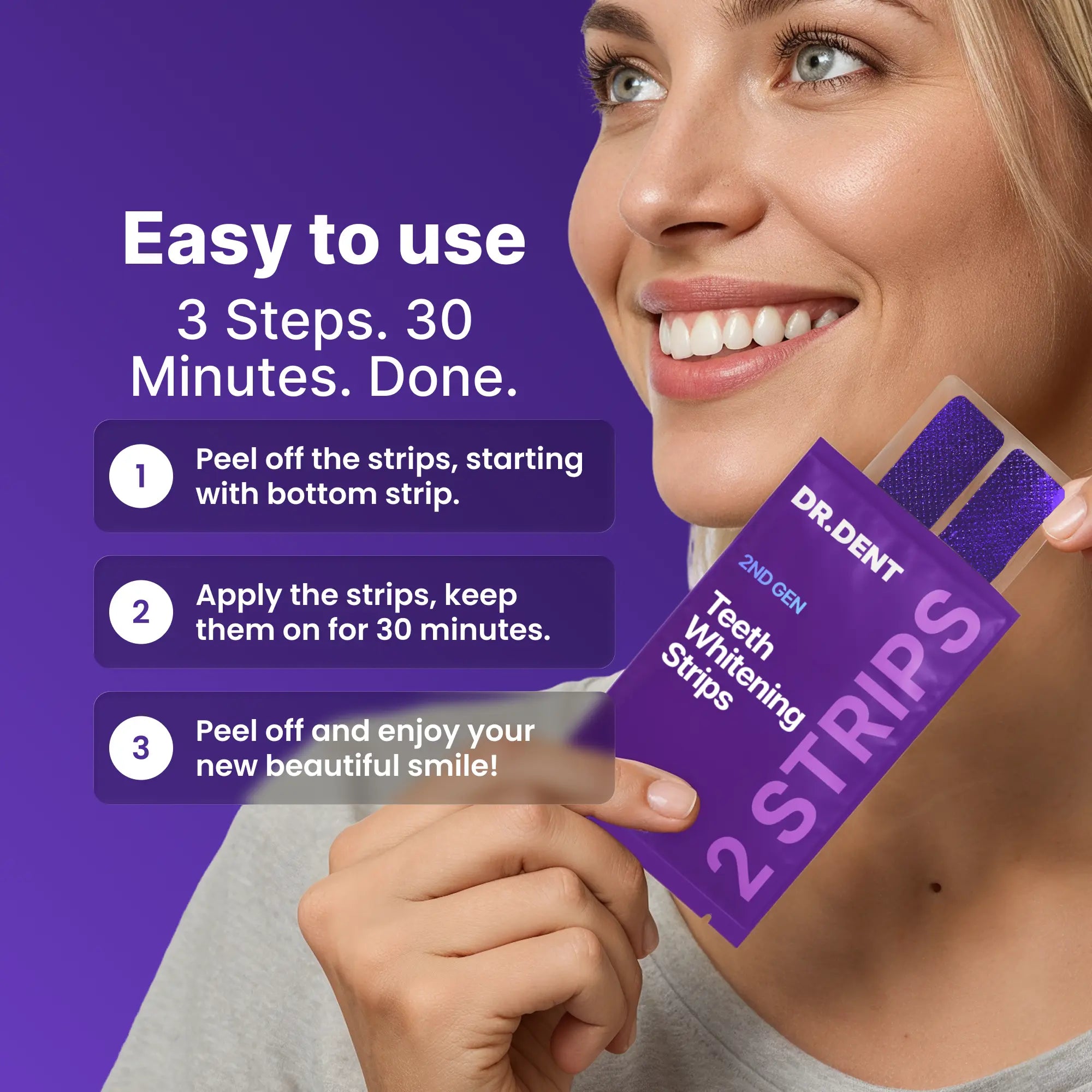 Achieve a Dazzling Smile with DRDENT Purple Teeth Whitening Strips - 7/21 Sessions of Non-Sensitive, Peroxide-Free Whitening