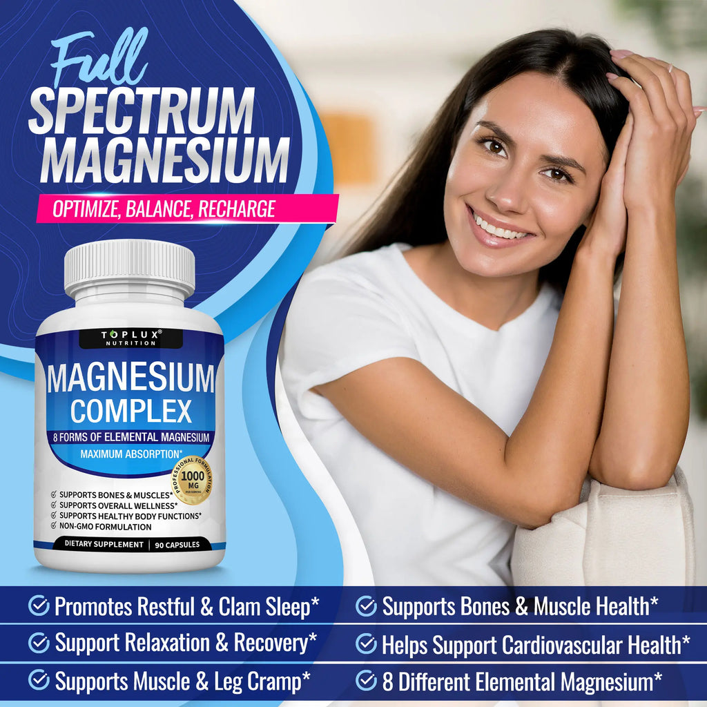 Unlock Your Best Sleep with Toplux Magnesium Complex - 8 Essential Magnesium Forms in One Powerful Capsule (1000mg)