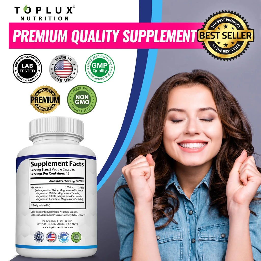 Unlock Your Best Sleep with Toplux Magnesium Complex - 8 Essential Magnesium Forms in One Powerful Capsule (1000mg)