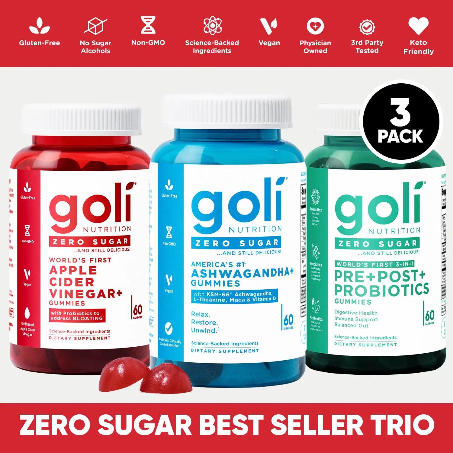 Discover the Zero Sugar Best Seller Trio: The Revolutionary 3-in-1 Apple Cider Vinegar Gummies with Ashwagandha, Vitamin B12, and Probiotics for Bloating Relief - Gluten-Free, Vegan, and Non-GMO!